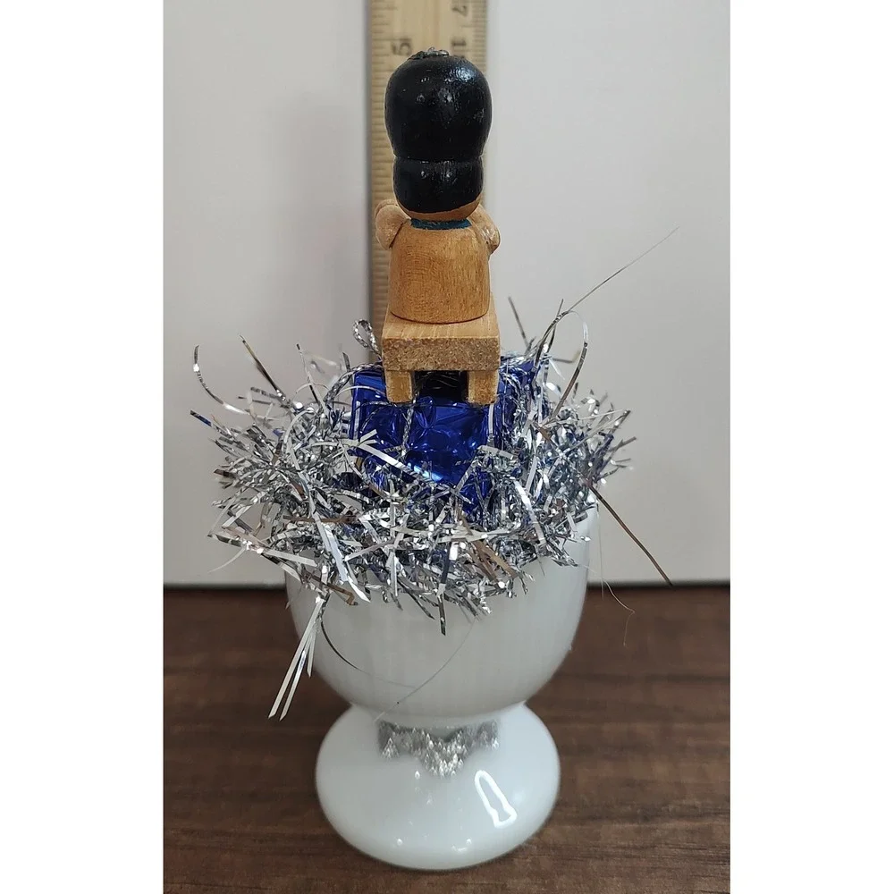 Handmade Christmas Scene Assemblage Art Sledding Present Tinsel Egg Cup OOAK O1